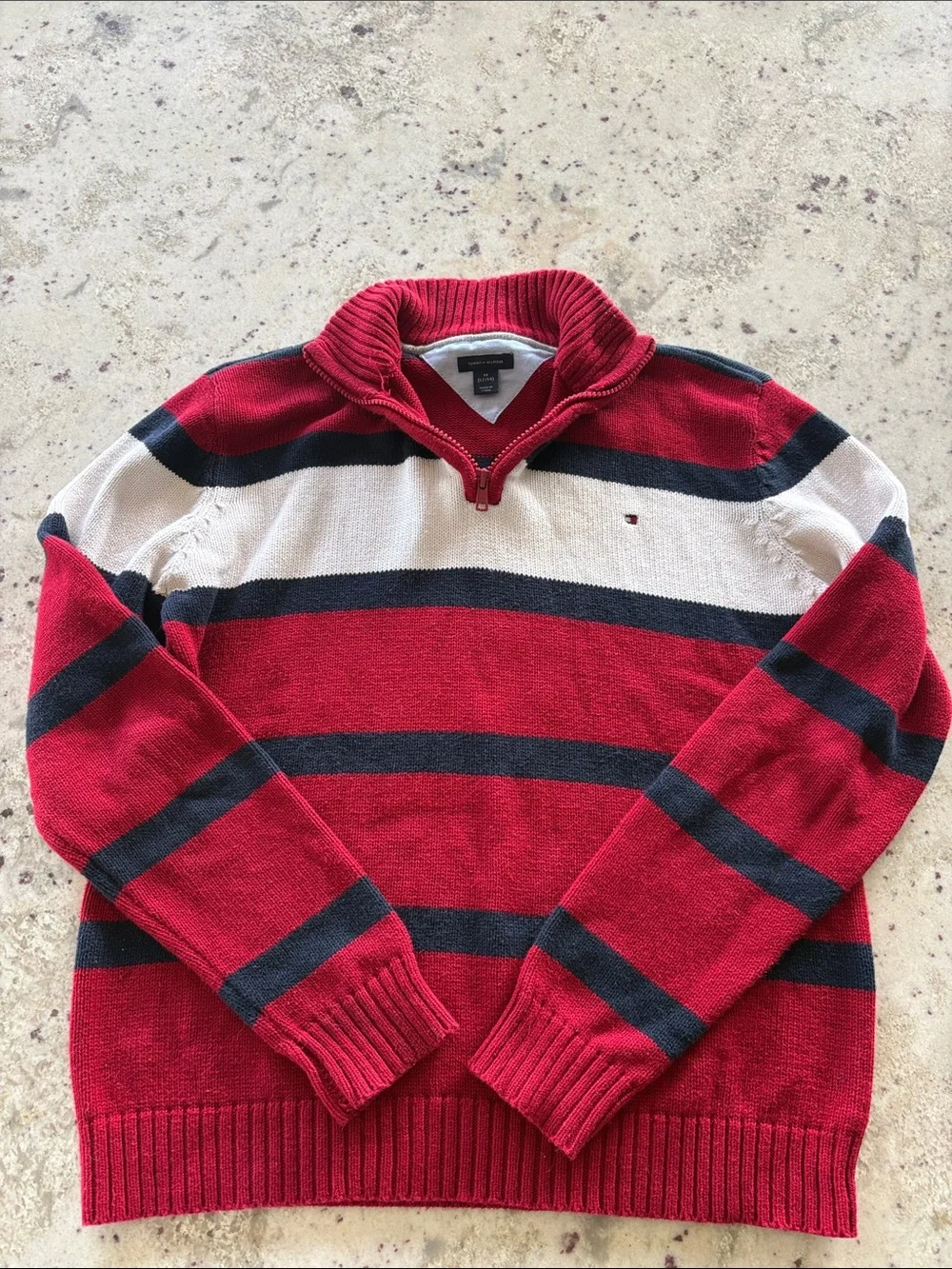 Tommy Hilfiger Red Navy Cream Striped Half-Zip Sweater